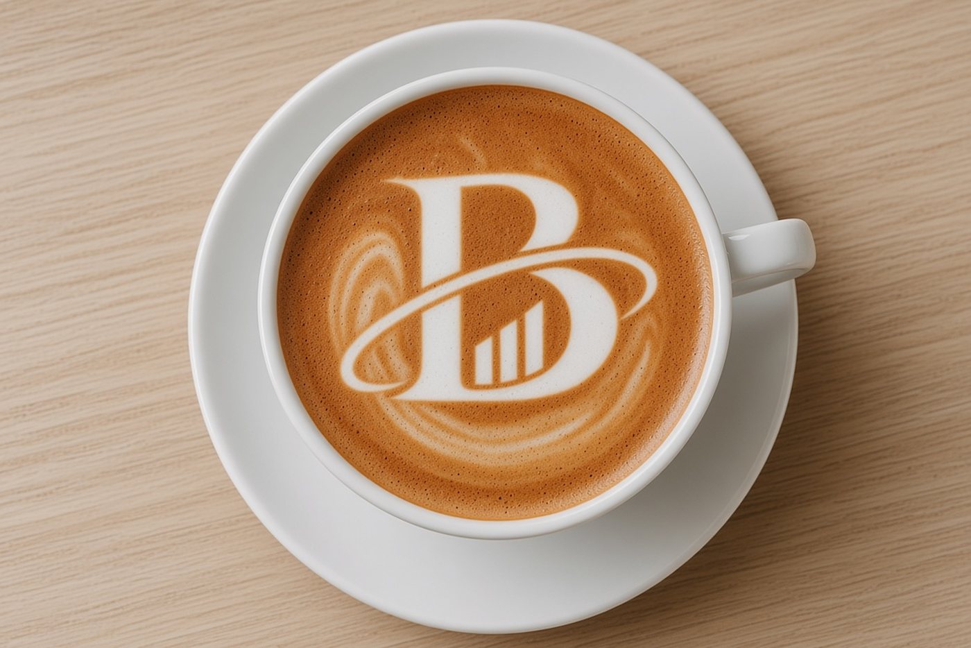 Cappuccino with a latte-art B on a light wood table